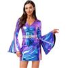 winying Donna Retro 70 Anni 80 Disco Bodycon Abito V Collo Sfiorato Manica Costume Metallico Lucido Abito per Club Party Night Outing