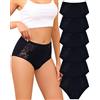 Levao Mutande Donna Cotone Vita Alta Biancheria Sexy Pizzo Mutanda Mutandine Intimo Morbido e Confortevole Elasticizzata Hipster Pacco da 6