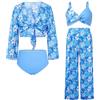 GRACE KARIN Costume da bagno per ragazze, costume da bagno, blusa + mutandine + sarong, blu verde, 7 anni, Fiori blu., 14 anni