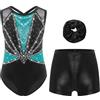 Freebily Body Ginnastica Artistica Bambina Balletto Leotards con Pantaloncini e Fascia per Capelli Body Danza Classica Moderna con Strass Abito da Pattinaggio Artistico Verde&Nero 7-8 anni