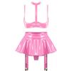 MSemis Completi Intimi Donna Babydoll Lingerie in Pelle Verniciata Push Up Reggiseno Aperto Bra Bralette + Minigonna con Perizoma e Reggicalze Wetlook Clubwear Latex Lingerie D Rosa 3XL
