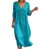 Generico Abito Estivo Donna in Lino - Veste Midi con Scollo a V e Maniche a 3/4, Dettaglio in Pizzo Traforato sulle Maniche, Vestibilità a Palloncino Morbida e Traspirante, Taglie S-3XL