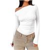 Generisch Maglietta da donna con collo obliquo spalle scoperte maniche lunghe maglietta in maglia estiva alta qualità a costine da donna, bianco, L