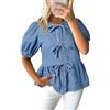 FASLOLSDP Camicia in denim da donna con maniche a sbuffo e orlo increspato, con fiocco, morbida, a maniche corte, in jeans, per l'estate e il tempo libero, Azzurro, L