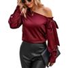 VIDUSSA Camicie da donna in seta con spalle scoperte casual maniche corte asimmetriche collo in raso camicetta, Wine Red Long Sleeve, L