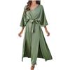 HAOLEI Vestito da Sera Lungo in Pizzo Plus Size, Scollo a V con Cintura, Manica Lunga Elegante da Cerimonia e Cocktail Donna