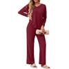 GRECERELLE Pigiama da donna elegante a due pezzi, in lana pettinata, per la casa, outfit autunnale, con maniche lunghe larghe e pantaloni larghi, rosso scuro, M