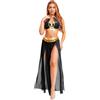 TiaoBug Costume Danza del Ventre Donna Vestito Danzatrice del Ventre Ballo Indiano Arabo Abito da Ballo Lirico Contemporaneo Crop Top Gonna Lunga Costume Carnevale Halloween Nero A XXL