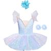 Kaerm Vestito Tutu Danza Classica Ballerina Bambina Ragazza Abito da Balletto Ballo Latino Vestito da Pattinaggio Artistico Body Ginnastica Ritmica con Gonna in Tulle Azzurro 5-6 Anni