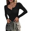 Totatuit Maglia Donna con Scollo a U Elegante Maglietta Cotone a Maniche Lunghe T-Shirt Basic Aderente Top a Coste Elasticizzato Sexy Nero XXL