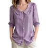 Generic Camicia da Donna a Righe in Cotone e Lino con Colletto Stile retrò, Maniche a 3/4, abbottonatura Frontale, vestibilità Ampia, Casual, con Colletto