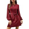 LIAMERHE Vestito Maglia Donna Elegante Manica Lunga Abito Girocollo Casual Vestiti Autunno Inverno Midi Vestito Linea A Moda Vestitino con Cintura Rosso XXL