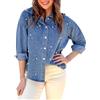 YEXPINE Camicia di jeans oversize da donna con bottoni e perle, a maniche lunghe, con strass, stile casual e alla moda