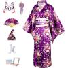 KRUIHAN Completo Yukata Kimono Donna Giapponese in Raso Setoso, 8 Pezzi in Scatola Regalo - Costume Geisha Elegante Motivo Pavone o Sakura, Abito Cosplay Anime per Carnevale, Feste, Festival, Fotografia