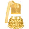 Freebily Abito da Danza Moderna Bambina Paillettes Crop Top Danza Jazz Monospalla Top Minigonna Pantaloncini con Volant Culottes Abito da Pattinaggio Costume da Ballo Latino Oro 7-8 Anni