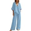 Rrongwn Set da 2 pezzi, tinta unita, con scollo a V, maglia a maniche corte con gamba larga, morbida, per il tempo libero, la casa, le gite rilassate, azzurro, XXL