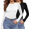Aottori Confezione da 2 Maglia Basic Donna Cotone Maglietta Caldo Girocollo Manica Lunga Sottogiacca Elegante Termico Top Intima Elasticizzato Nero+Bianco L