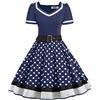 AXOE Donna Vestito Anni 50 Rockabilly Scollo a Cuore con Cintura Regolabile Abito da Cerimonia per Feste e Occasioni Speciali Blu Navy e Pois Bianco, Taglia 46, L