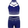 JEATHA Tuta Sportiva da Ginnastica Artistica Bambina Strass Top Canotta Senza Maniche e Pantaloncini Corti Completo da Danza Moderna Palestra Tennis Yoga Fitness Blu scuro 9-10 anni