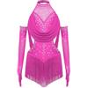 TTAO Costume da Ballo per Ragazze, Senza Maniche, con Paillette e Frange, per Balletto, Latino, Salsa, Ballo Sala, Tango, con Guanti, Rosa acceso., 110-116 cm
