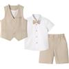 LOLANTA 4PZ Completo Cerimonia Bambino, Ragazzi Paggetto Matrimoni Abito, Bambini Gentiluomo Estate Lino Gilet Pantaloncini Suit Set, Battesimo Prom Compleanno Partywear, Cachi, 10-11 Anni, 150