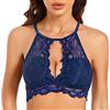 SHEKINI Bralette da donna in pizzo a collo alto imbottito in pizzo senza fili reggiseno con scollo all'americana floreale crop top reggiseno, Blu, L