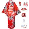 KRUIHAN Completo Yukata Kimono Donna Giapponese in Raso Setoso, 8 Pezzi in Scatola Regalo - Costume Geisha Elegante Motivo di Pavone Rosso, Abito Cosplay Anime per Carnevale, Feste, Festival, Fotografia
