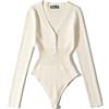 Generic Body da donna con scollo a V profondo a maniche lunghe button down slim aderente magliette in maglia body maglione invernale top monopezzo, bianco, Taglia unica