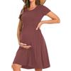 Bearsland Abito premaman da donna a maniche lunghe, patchwork, con tasca, Marrone Ramato, XL