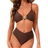 Fanuerg Bikini da donna a triangolo con anello anteriore increspato due pezzi costume da bagno con taglio a V, Marrone, XL