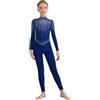 Agoky Tuta Intera da Pattinaggio Artistico Bambina Maniche Lunghe con Strass Body Danza Classica Balletto in Rete Trasparente Leotard da Ginnastica Yoga Jumpsuit B Blu scuro 9-10 anni