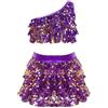 Riismen Vestito da Ballo Bambina Latino Americano Paillettes Abito da Ballo Tutu Monospalla Crop Top Tango Costume Salsa Jazz Dancewear Artistico Vestito da Pattinaggio Viola 7-8 Anni
