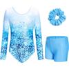 JiAmy Body da ginnastica per ragazze con pantaloncini, a maniche lunghe, per bambini, 3-12 anni, Blue Star Gradient-Set, 3-4 Years