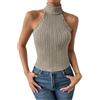 SMIUPIN Camicie a Maglia Senza Maniche per Donne Canotta a Collo Alto Dolcevita Estensibile Crop Top Aderente Gilet Estivo in Maglia (IT, Testo, S, Regular, Regular, Cachi)