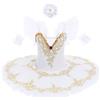 IDOPIP Vestito da danza da bambina, con tutù da balletto, pancake, costume da ballo con maniche a volant, pizzo ricamato con paillettes e clip per capelli, bianco, 9-10 Anni