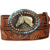 OBASDFD Cintura In Pelle Da Cowboy Western For Donna E Uomo - Cinturino In Vita In Rilievo Turchese Con Fibbia Ovale Testa Di Cavallo Incisa(125cm/49)