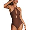 CUPSHE Costume da bagno intero da donna, sexy, con cut out, collo alto con laccio, scollo all'americana e gancio posteriore, Marrone cioccolato, M