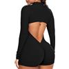 STARBILD Donna Tutina Corta Sportiva Maniche Lunghe con Cerniera, Jumpsuit Short Sexy Push Up V Back Scrunch Butt, Monopezzi Zip per Yoga Fitness Corsa Palestra, Nero Classico S