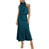 MIRGLER Maxi abito da donna in raso elastico a vita alta per matrimoni, serate, cocktail e cocktail, Blu pavone, M