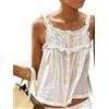 ensswliz Canotta estiva da donna con bordo in pizzo, per spiaggia, vacanze, cravatta frontale con bottoni sul davanti, canotta ampia ed elegante maglietta per uscire, C-bianco, M
