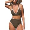 Cupshe - Set bikini da donna a vita alta, costume da bagno con scollo a V profondo, schiena incrociata, cuciture a nodi, pieghe, copertura completa, Marrone, M
