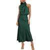 MIRGLER Abito lungo elegante e formale in raso con scollo alto e vita alta per invitate a matrimonio, festa, cocktail, verde scuro, S