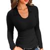 VICHYIE Polo da donna, a maniche lunghe, vestibilità sottile, tinta unita, basic, Nero , M