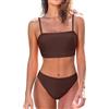 Cupshe - Set bikini da donna, costume da bagno a due pezzi, top a fascia, collo quadrato, vita media, con ruches, spalline sottili, Marrone cioccolato, L