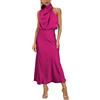 Mirgler Abito lungo elegante e formale in raso con scollo alto e vita alta per invitate a matrimonio, festa, cocktail, S
