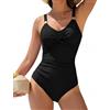Nadeer Costume Intero Donna Contenitivo Pancia Curvy Costumi da Bagno con Scollo Incrociato e Metallo Modellante Swimsuit per Mare Piscina(Nero,S)