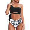 Rayson Donna Vita Alta Costume da Bagno a Due Pezzi Bikini Set Chic Monospalla retrò con Spalline Laterali(Foglie Nere,M)