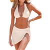 Cupshe Set Bikini da Donna Tre Pezzi Costume da Bagno con Scollo a V, Textured, Schiena con Halter, Allacciatura con Nodo, Sarong, Vita Bassa, Beige, M