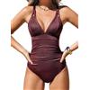 Cupshe - Costume da bagno intero da donna, modellante, con scollo a V, con arricciature, dimagrante, con taglio brillante e retro con gancio, Marrone, M