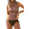 CUPSHE Tankini da donna con scollo a V, costume da bagno a due pezzi, incrociato, regolabile, con coulisse, testurizzato, Marrone/Zigzag Stripes, M